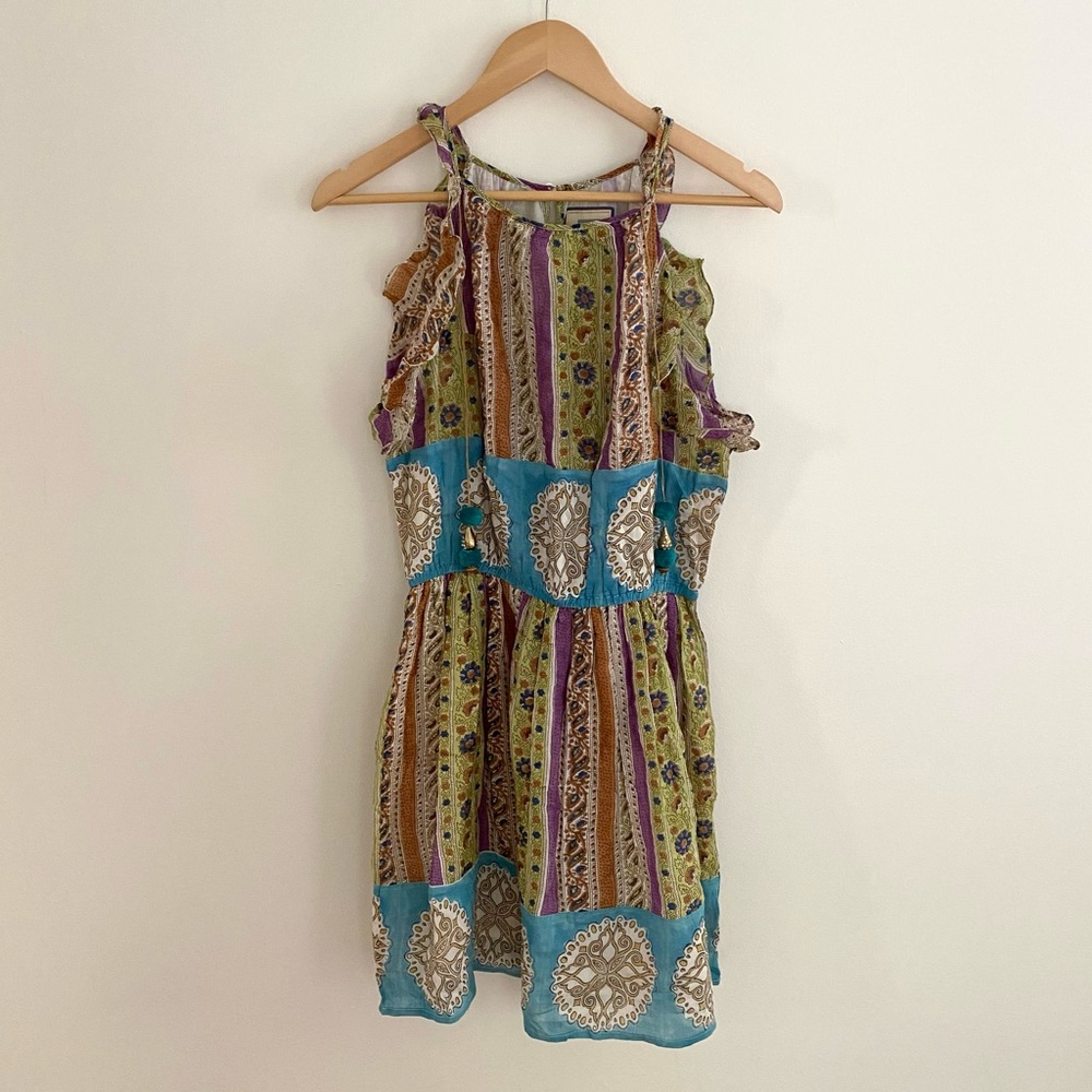 Bell By Alicia Bell Printed Ruffle Silk Pom Pom Mini Dress